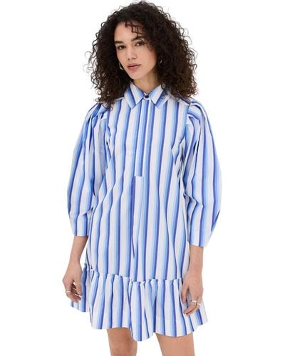 Ganni Stripe Cotton Mini Shirt Dress - Blue