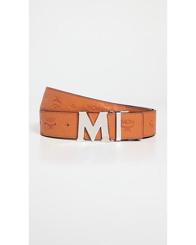 MCM Claus Reversible Embossed Monogram Leather Belt - White
