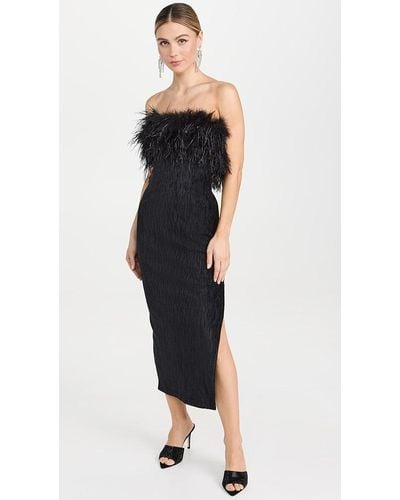 Saylor Van Crinkle Velvet Feather Midi Dress - Black