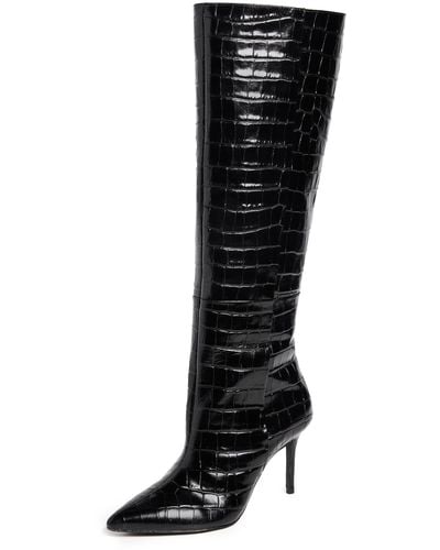 Black Suede Studio Tory Knee High Pointy Toe Mid Heel Boots - Black