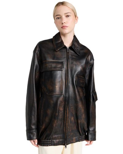 Tibi Aviator Leather Oversized Bober Jacket - Black