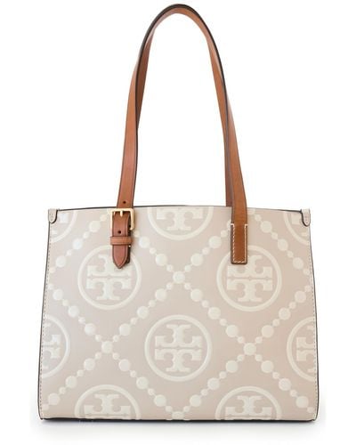 Tory Burch T Monogram Contrast Embossed Small Tote - Natural
