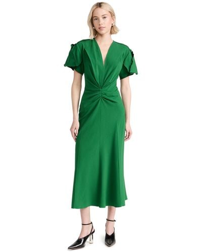Victoria Beckham Gathered V-neck Midi Dress 1 - Green