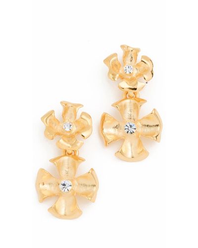 Kenneth Jay Lane Crystal Center Flower Drop Pierced Earrings - White