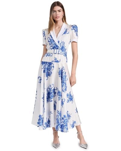 Rodarte White And Floral Printed Silk Twill Collared Dress With Belt Detail - Blue