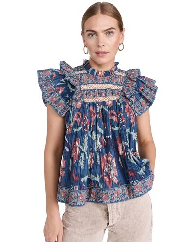 Sea Rory Print Flutter Sleeve Top - Blue