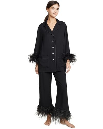 Sleeper Party Feather-trim Woven Pajama Set - Black
