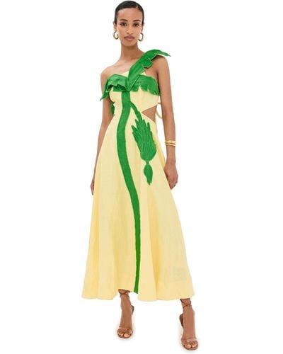FARM Rio Palm Tree Cutwork Midi Dress - Yellow