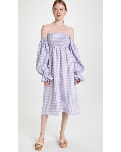 Sleeper Atlanta Linen Dress In Lavender Vichy - White
