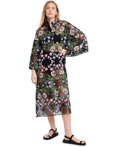 La Vie Style House Floral Embroidery On Black Net Maxi Caftan