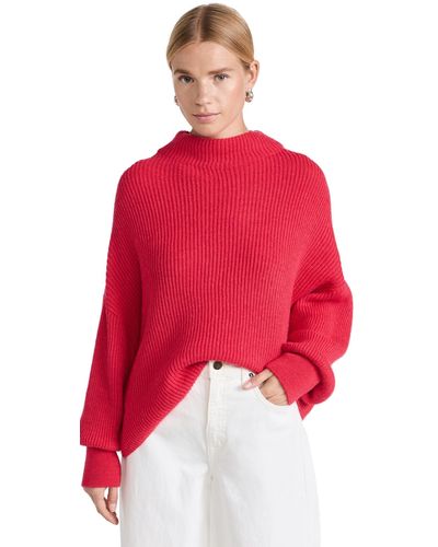 Closed Funnel Neck Long Sleeve Sweater - Red