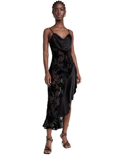 Rodarte Floral Burnout Velvet And Satin Asymmetrical Cowl Neck Bias Dress - Black
