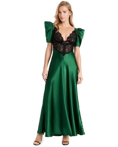 Rodarte Silk Satin Short Sleeve Dress With Black Lace Detail - Green