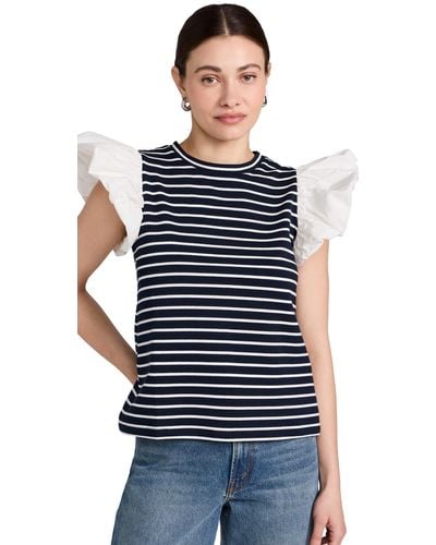 English Factory Englih Factory Tripe Knit With Poplin Puff Leeve Top - Blue
