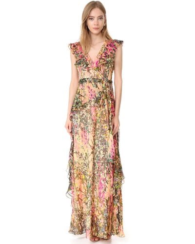 Badgley Mischka V Neck Ruffle Printed Gown - Multicolor