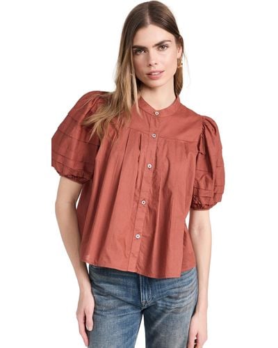 Sea Ea Aoe Puff Eeve Button Down Top Unet X - Red