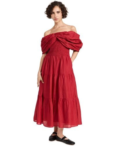 Sea Loren Solid Cambric Off Shoulder Dress - Red