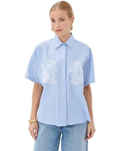 Stella Jean Short Sleeved Striped Shirt With Embroidery - Blue