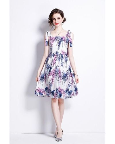 Kaimilan Purple Day A-line Off The Shoulder Strap Knee Floral Dress - White