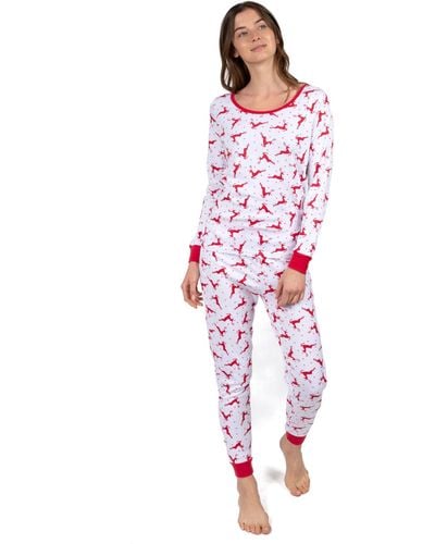 Leveret Christmas Two Piece Cotton Pajamas Reindeer And White - Red