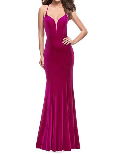 La Femme Velvet Mermaid Dress In Fuchsia - Purple
