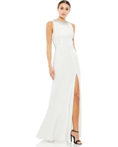 Ieena for Mac Duggal Sleeveless Rhinestone Collar Column Gown - White