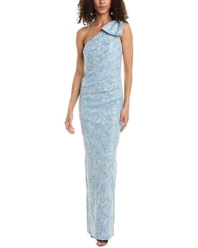 Teri Jon One-shoulder Bow Abstract Print Jacquard Gown - Blue