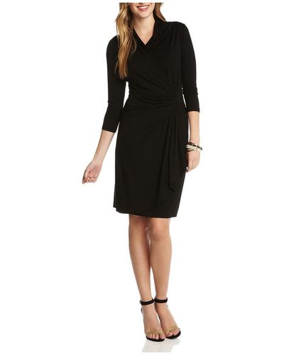 Karen Kane Cascade Faux-wrap 3/4 Sleeve Wear To Work Dress - Black
