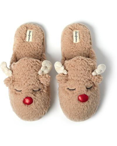 Dearfoams Reindeer Funny Ugly Christmas Sweater Holiday Scuff Slipper - Natural