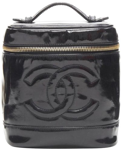 Chanel Vintage Patent Leather Cc Logo Top Handle Vanity Bag - Black