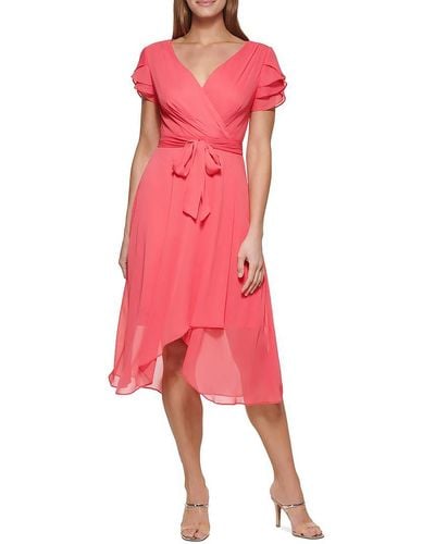 DKNY Petite Ruffled-sleeve Faux-wrap Dress - Pink