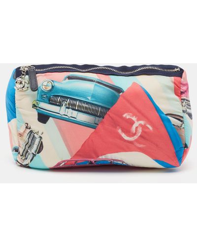 Chanel Multicolor Car Printed Nylon Cosmetic Pouch - Blue