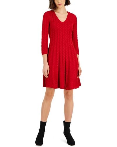 Jessica Howard Cable Knit V-neck Sweaterdress - Red