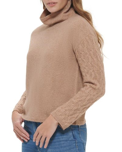 Calvin Klein Cable Knit Cowlneck Pullover Sweater - Natural