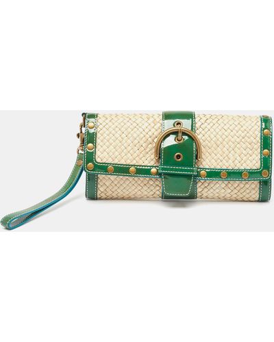 COACH /beige Woven Raffia And Patent Leather Buckle Flap Wristlet Clutch - Green