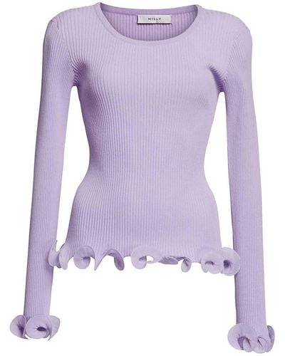 MILLY Wired Edges Ribbed Knit Pullover Sweater - Purple