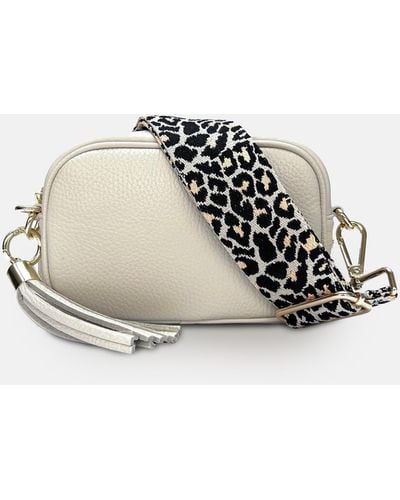 Apatchy London The Mini Tassel Stone Leather Phone Bag With Apricot Cheetah Strap - White