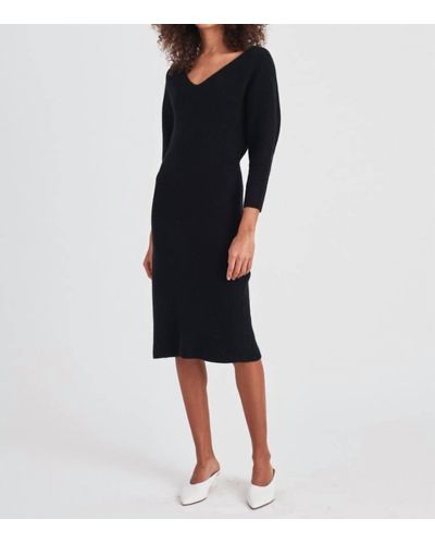 White + Warren Cashmere Ribbed V Neck Dres - Black