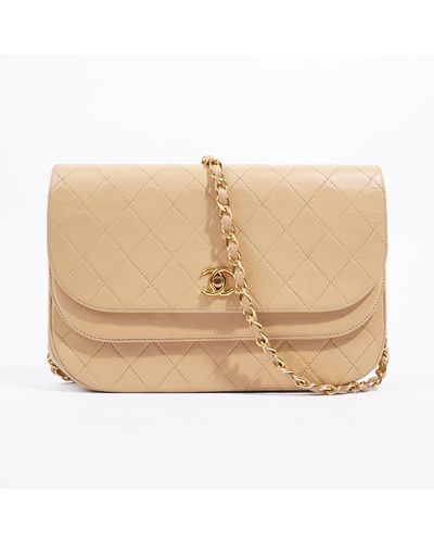 Chanel Double Flap Timeless Bag Lambskin Leather Shoulder Bag - Natural