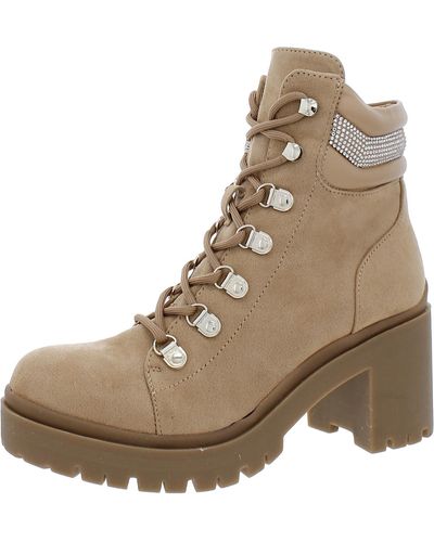 Nine West Qwork2 Almond Shape Toe Chunky Heel Combat & Lace-up Boots - Natural