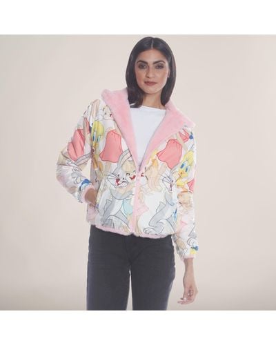Members Only Faux Rabbit Fur Reversible Bomber Looney Tunes Satin Mashup Print Lining Jacket - Red