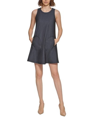 Calvin Klein Petite Sleeveless Pocketed Denim Shift Dress - Blue