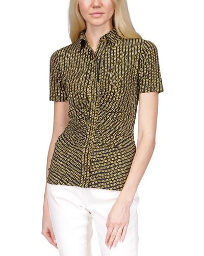 MICHAEL Michael Kors Ruched Short Sleeve Button-down Top - Green