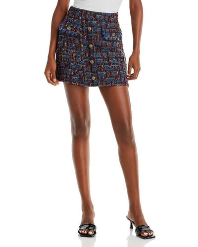 Aqua Tweed Fringe Mini Skirt - Blue