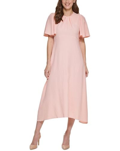 Calvin Klein Flutter Sleeve Calf Midi Dress - Pink
