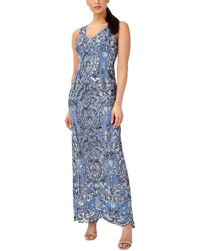 Adrianna Papell Sequined Long Evening Dress - Blue