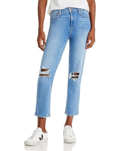 PAIGE Distressed High Rise Straight Leg Jeans - Blue