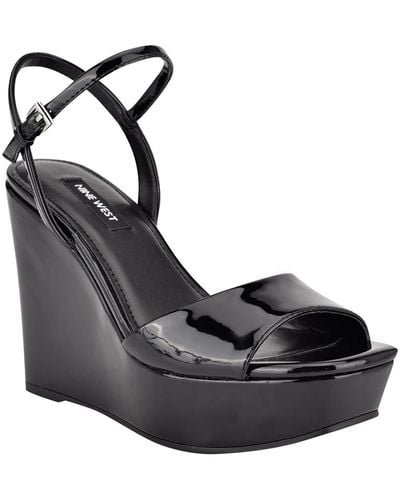 Nine West Faux Leather Ankle Strap Wedge Heels - Black