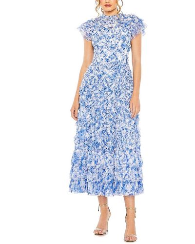 Mac Duggal High Neck Ruffle Sleeve Floral Dress - Blue