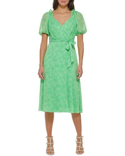 DKNY Chiffon Puff Sleeve Midi Dress - Green